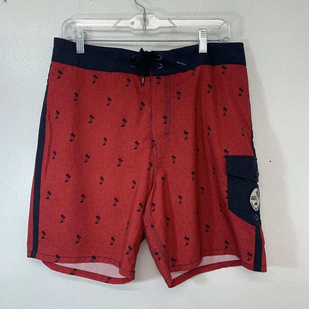 Van Novelty Board Shorts Men 32 Palm Trees Red Stretch Beach Vacation Inseam‎ 7